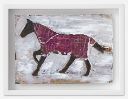 <i>Pferd mit Decke</i>, 2021<br />oil on postcard, 13,5 x 18 cm (framed)<br />