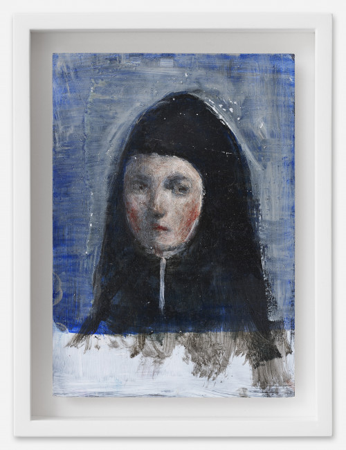<i>Mädchen in Nonnenkostüm</i>, 2021<br />oil on postcard, 18 x 13,5 cm (framed)<br />