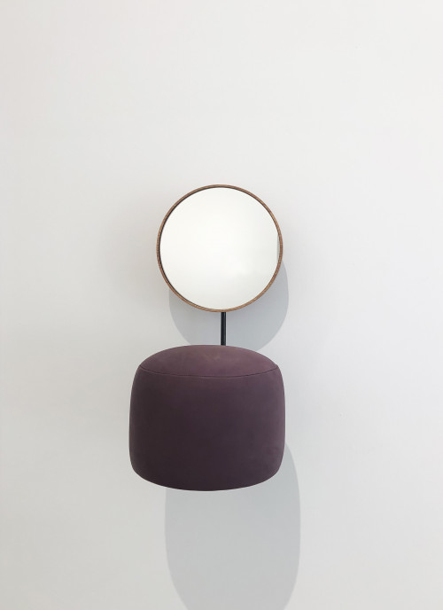 THOMAS GRÜNFELD<br /><i>Untitled (HdL/Pflaume)</i>, 2014<br />iron, wood, mirror, leather, 55 x 25 x 36 cm<br />