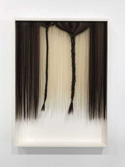 NEVIN ALADAG<br /><i>PROVA IV / REHEARSAL IV</i>, 2012<br />Aluminium rod, artifical hair, 69.5 x 51 x 7.5 cm<br />