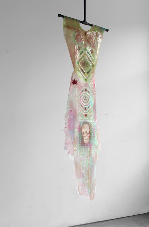 AMY BRENNER<br /><i>Flexi-Shield (spring)</i>, 2016<br />Silicone, pigments, plants, found objects, 185 x 56 x 10 cm<br />
