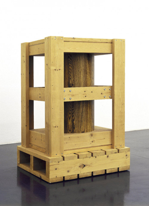 RICHARD ARTSCHWAGER<br /><i>Untitled (crate with cylinder)</i>, 1995<br />wood, brass, formica, screws, 128 x 84 x 74 cm<br />