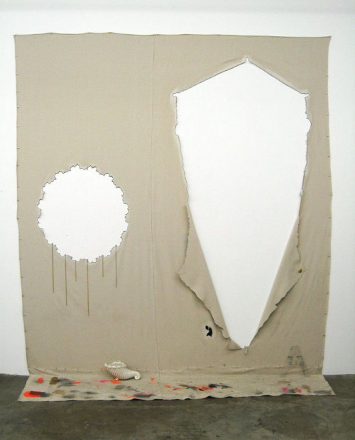 AMANDA ROSS-HO<br /><i>Negative Carrier</i>, 2009<br />canvas dropcloth, aluminum thumbtacks, acrylic paint, clear gesso, graphite, gold plated chains,, 305 x 267 x 61 cm<br />