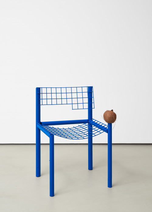 <i>Sitzmöbel (seating furniture / blue chair coconut)</i>, 2020<br />powder coated metal, coconut, 77 x 45 x 54 cm<br />