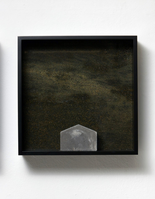 <i>Versteinerter Himmel XXVIII, (Petrified Sky XXVIII)</i>, 1983/2015<br />Granite, marble, MDF, concrete cobblestone, 60 x 60 x 15 cm<br />