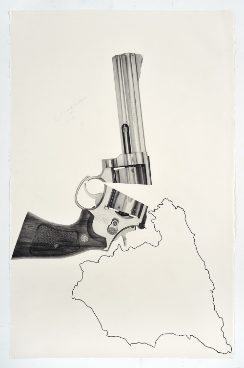 <i>Split Smith & Wesson over Spain</i>, 2018<br />pencil and ink on paper, 101.6 x 66.04 cm<br />