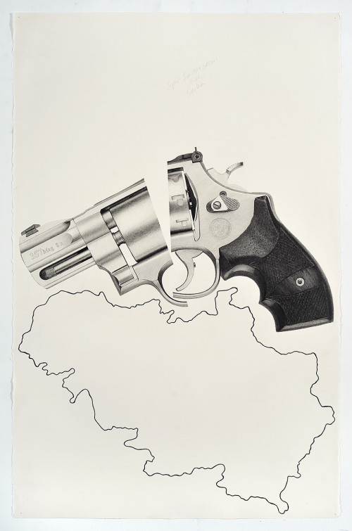 <i>Split Smith & Wesson over Serbia</i>, 2018<br />pencil and ink on paper, 101.6 x 66.04 cm<br />