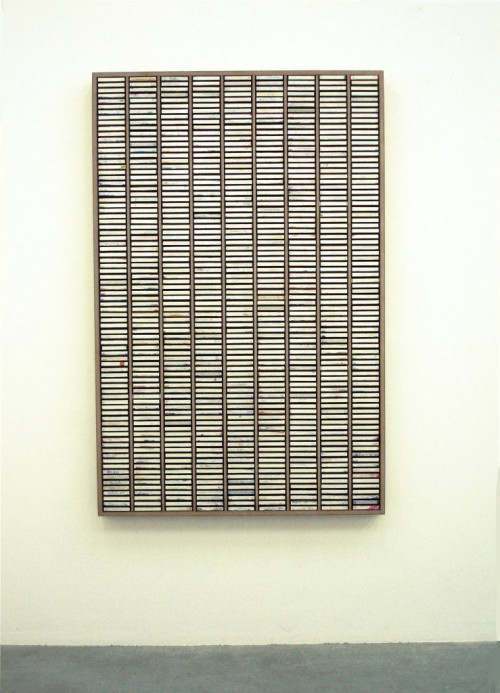 <i>Kassettensetzkasten</i>, 2007<br />dispersion on printed cardboard, plastic in wooden case, 172 x 112 cm<br />