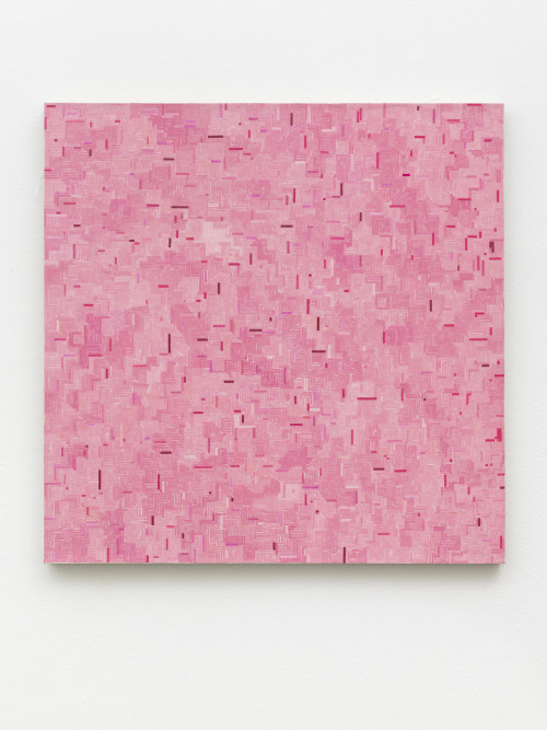 <i>pink mich zu Ende</i>, 2018<br />start and end of audio cassettes, acrylic on canvas, 74 x 74 cm<br />