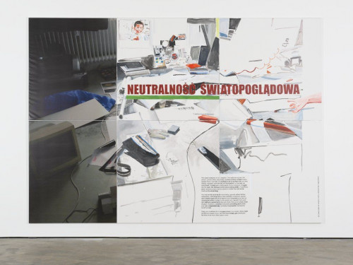 <i>Weltanschauliche Neutralität</i>, 2013<br />acrylic on canvas and print on PVC, 280 x 400 cm<br />