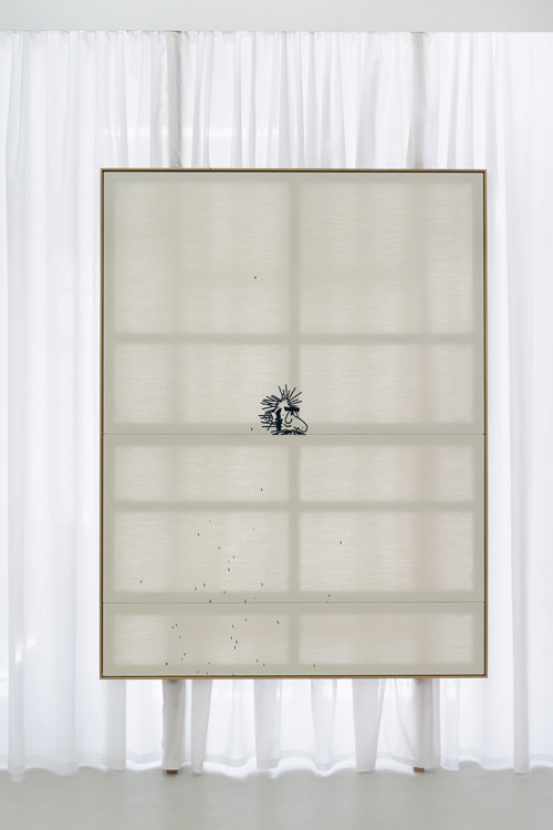 OLIVER OSBORNE<br /><i>></i>, 2016<br />embroidered linen, oak frame, 214 x 164 cm<br />