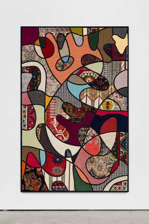 <i>Social Fabric, flower power</i>, 2018<br />carpet pieces on wood, 172 x 116 x 6 cm<br />