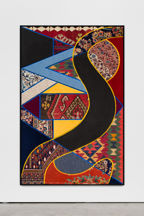 <i>Social Fabric, river</i>, 2018<br />carpet pieces on wood, 172 x 116 x 6 cm<br />
