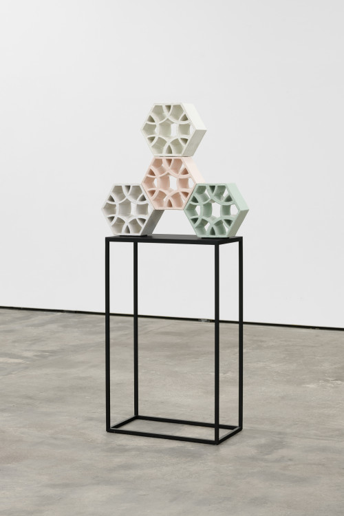 <i>Jali Spinner 1</i>, 2018<br />glazed ceramic, powder coated steel, 61 x 70 x 13 cm<br />