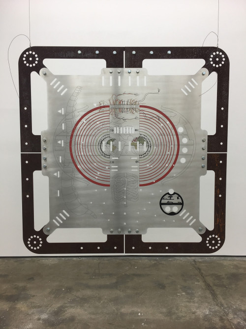 <i>Ore Orientation: modular mapping system (Plate 4: geocentric bodies)</i>, 2017<br />digital print on punched and embossed aluminium, rusted steel, 180 x 180 cm<br />in cooperation with Genghis Khan Fabrication Co.