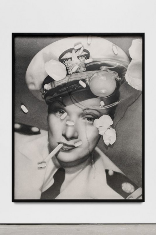 KARL HAENDEL<br /><i>Marlene Dietrich (with cracked egg and Zoloft)</i>, 2017<br />pencil on paper, 166 x 130 x 5 cm (framed)<br />
