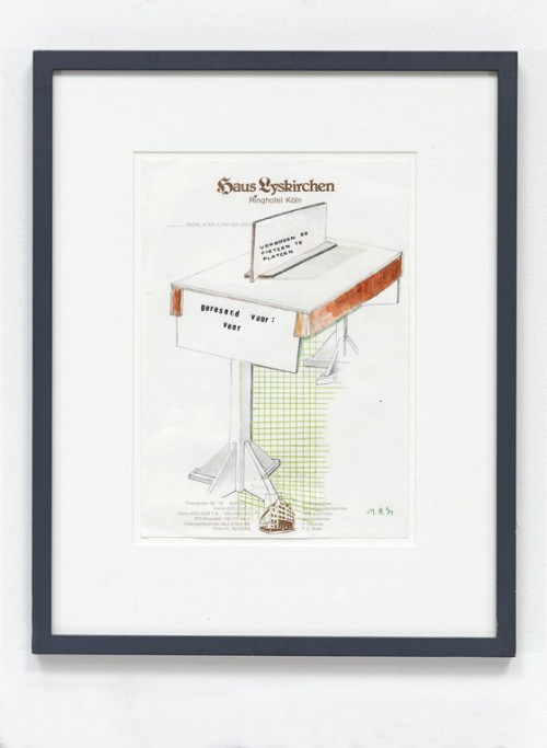 MARTIN KIPPENBERGER<br /><i>Ohne Titel (Haus Lyskirchen Ringhotel Köln)</i>, 1994<br />pencil, crayon, ink, letraset on hotel stationary, 30 x 21 cm<br />