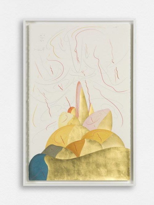 JORINDE VOIGT<br /><i>Hills IX</i>, 2017<br />ink, gold leaf, pastel, oil crayon, pencil on paper, 109 x 73 x 8 cm<br />
