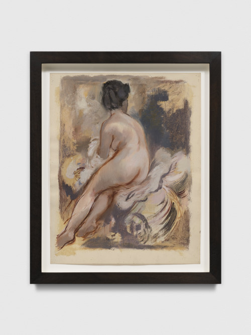 GEORGE GROSZ<br /><i>Sitting Female Nude</i>, 1940<br />mixed media and watercolor on vellum, reed pen and Feder in green ink, 56 x 69 x 4,5 cm (framed)<br />
