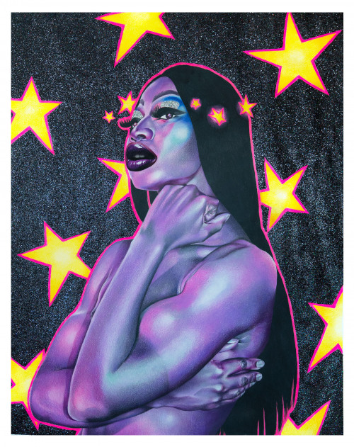 DEVAN SHIMOYAMA<br /><i>The Embress</i>, 2020<br />colored pencil, glitter, acrylic, collage and rhinestones on paper, 122 x 97 cm<br />