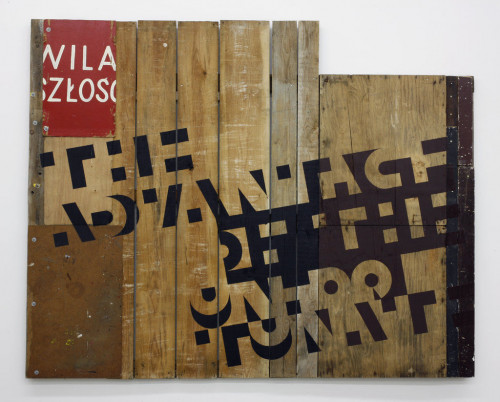 <i>The advantage of the unfortunate</i>, 2010<br />mixed media, acrylic, household paint on wood, 212 x 267 cm<br />