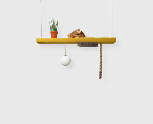<i>jene (Display)</i>, 2019<br />wood, foam, upholstery fabric, horsehair, sphere lamps, logs, potted plant, 100 x 150 x 30 cm<br />