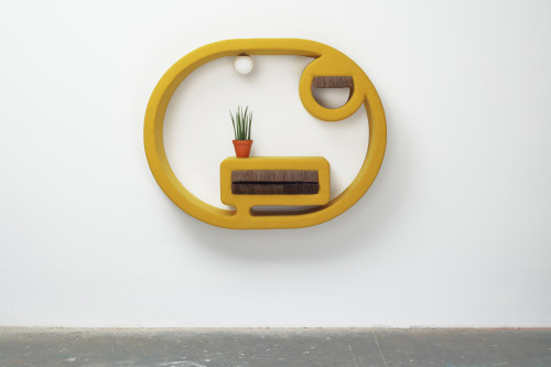 <i>jene 3</i>, 2019<br />wood, foam, upholstery fabric, sphere lamps, logs, potted plant, 138 x 178 x 40 cm<br />