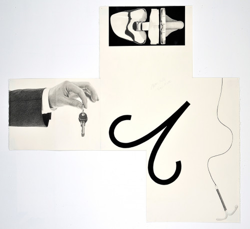 <i>Aries IUD, Keys Knee</i>, 2014<br />pencil and enamel on paper (folded), 102 x 110 cm<br />