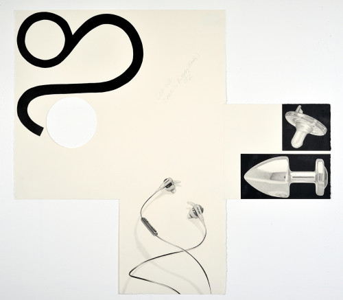 <i>Leo Hole, Earbud Buttplug (binky) #2</i>, 2014<br />pencil and enamel on paper (folded), 76 x 85 cm<br />
