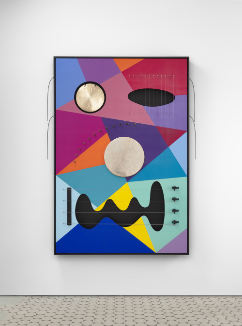 <i>Vibrating Images, thundergong</i>, 2024<br />Acrylic paint on wood, gong, harp, thunder drums, pan flute, drums and bass guitar, 174 x 119 x 17 cm<br />