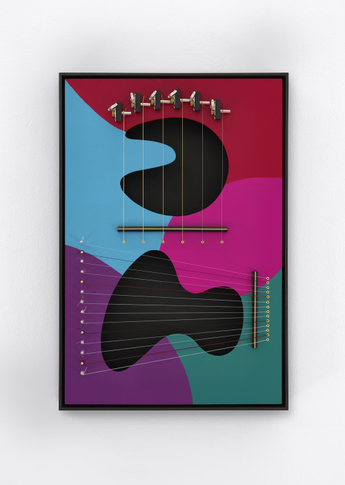 <i>Vibrating Images, harp moondance</i>, 2024<br />Acrylic paint on wood, guitar and harp, 62 x 42 cm<br />