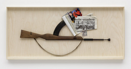 <i>n.n.</i>, 2008<br />rifle, paper collage, 69 x 153 cm<br />