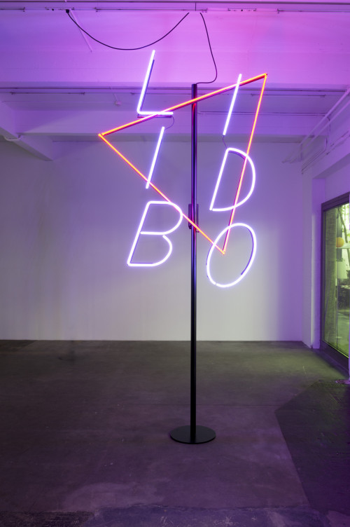 DAVID RENGGLI<br /><i>Libido</i>, 2013<br />Neon lights, metall bar, transformer, 407 x 200 x 50 cm<br />