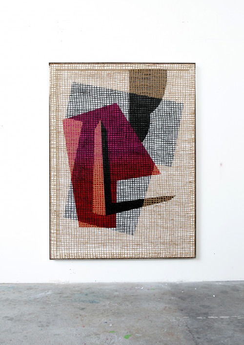 DAVID RENGGLI<br /><i>Floorplan Desire Painting</i>, 2015<br />Silk-screen print, acrylic on wood, jute net in aluminium shadow gap frame, 200 x 148 x 6 cm<br />