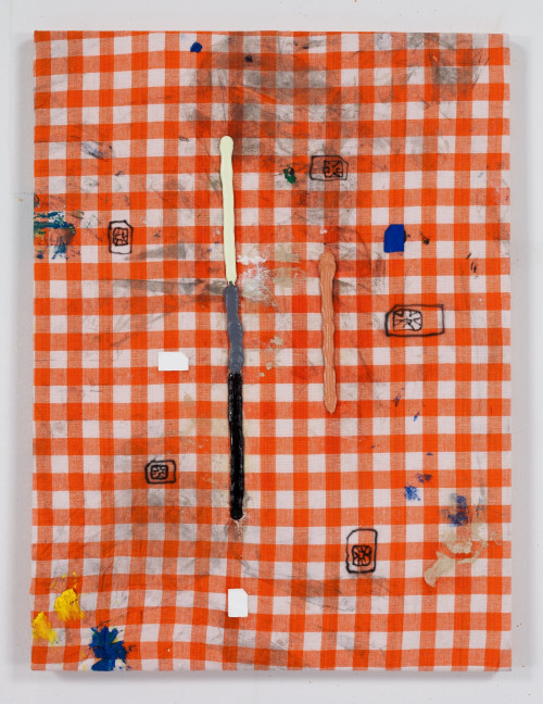 FLORIAN MEISENBERG<br /><i>From the series: When I am with you we stay up all night. When you are not here I can't go to sleep. (Delivery to the following recipients failed permanently)</i>, 2015<br />oil paint, oil stick, airbrush on kitchen towel, 61 x 46 cm<br />