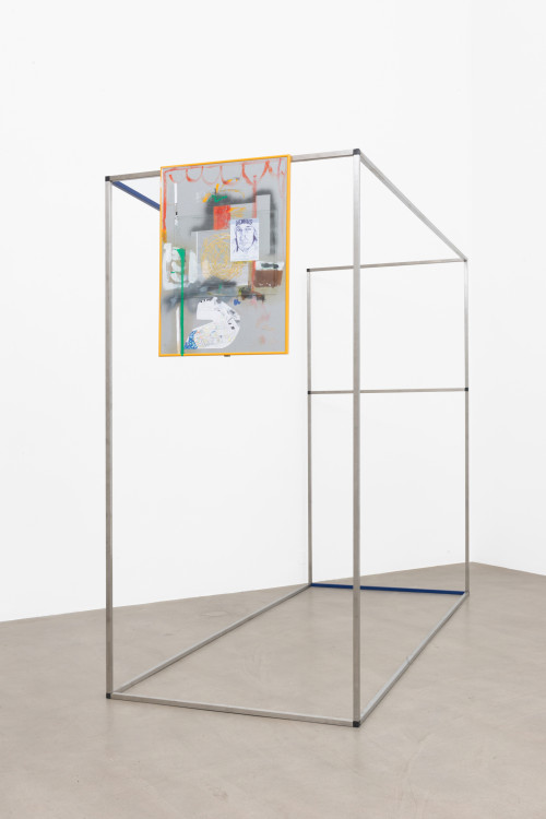 VERENA DENGLER<br /><i>Helicopter Girlfriend</i>, 2014<br />Nirosta-rack with PVC plug connection, lacquer, picture with embroidery and collage, 200 x 250 x 100 cm<br />photo: Marcel Koehler/Galerie Meyer Kainer, Vienna.