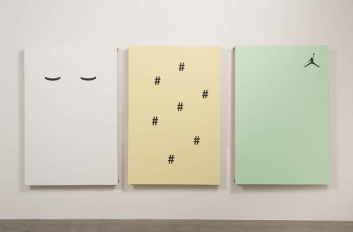 GABRIELE DE SANTIS<br /><i>((#######Y</i>, 2014<br />acrylic and Skateboard Grip on canvas, mounted on Skateboard Wheels, 210 x 360 x 10 cm<br />triptych